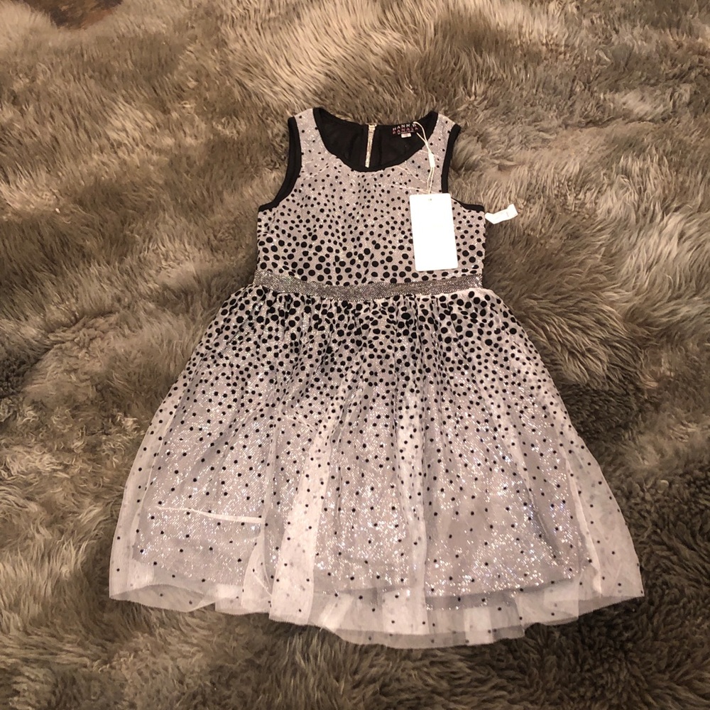 NWT girls party dress - black, silver & white - 10